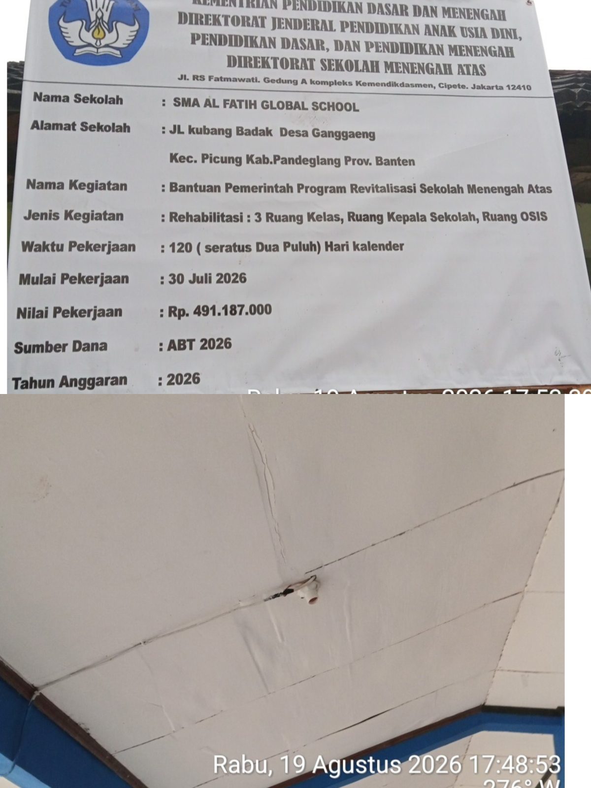 Proyek Rehabilitasi Ruang kelas di SMA Al Fatih Global School di Pandeglang di Sorot Diduga Jadi Syarat Korupsi 
